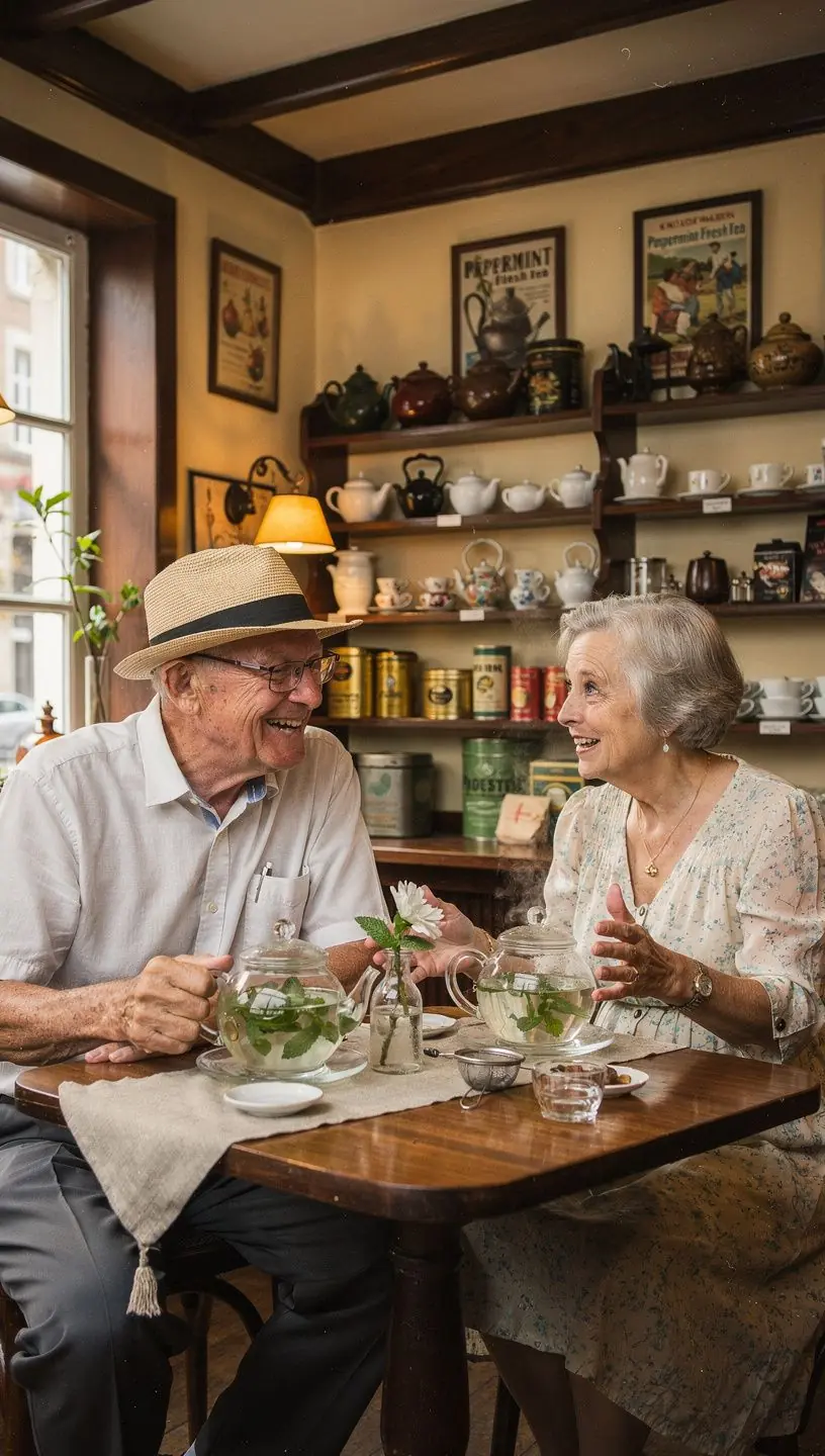 Bouquet de menthe fraîche dans un vase à côté d'une tasse de thé.