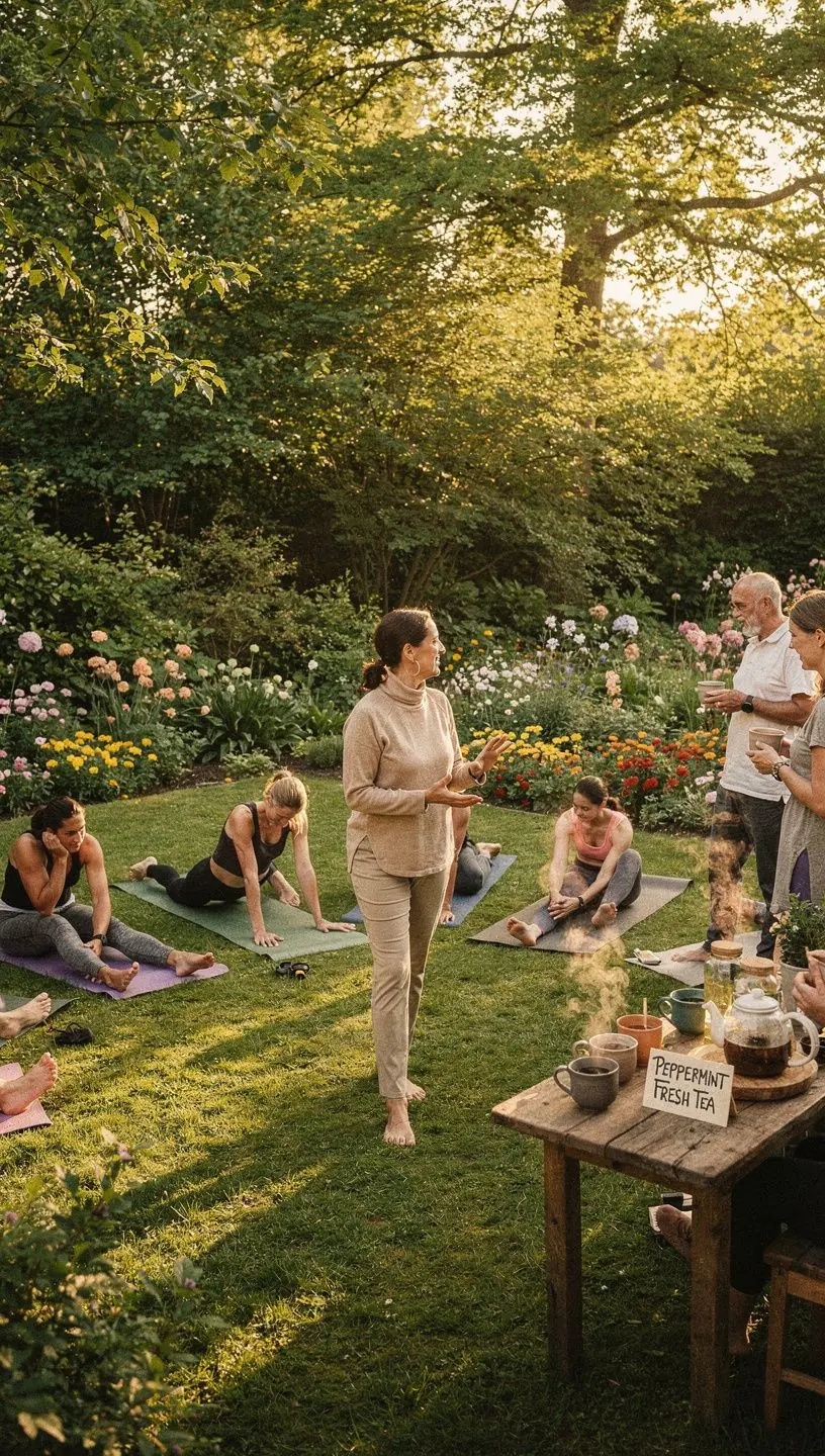 Table de jardin avec des tasses de thé à la menthe poivrée et des biscuits sucrés.