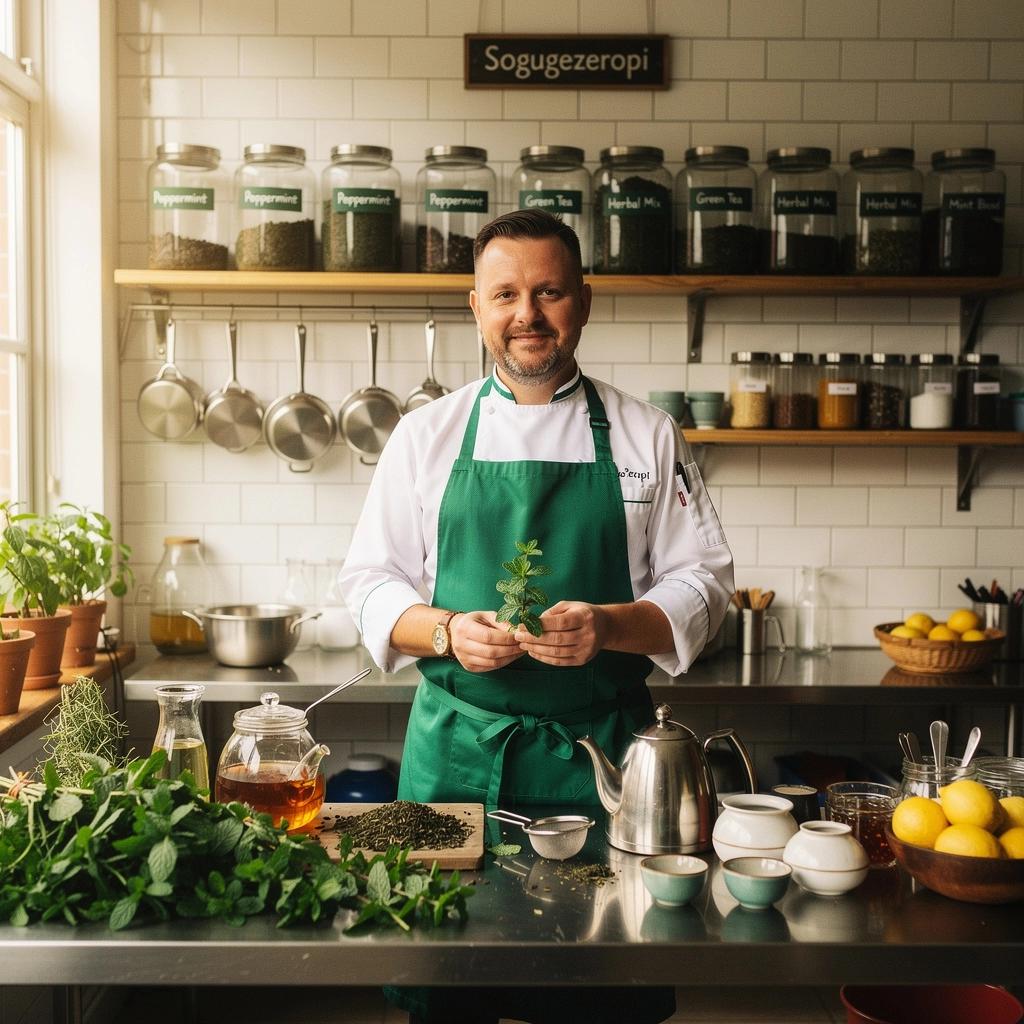 Tasse de thé à la menthe poivrée fumante avec des feuilles fraîches flottant à la surface.
